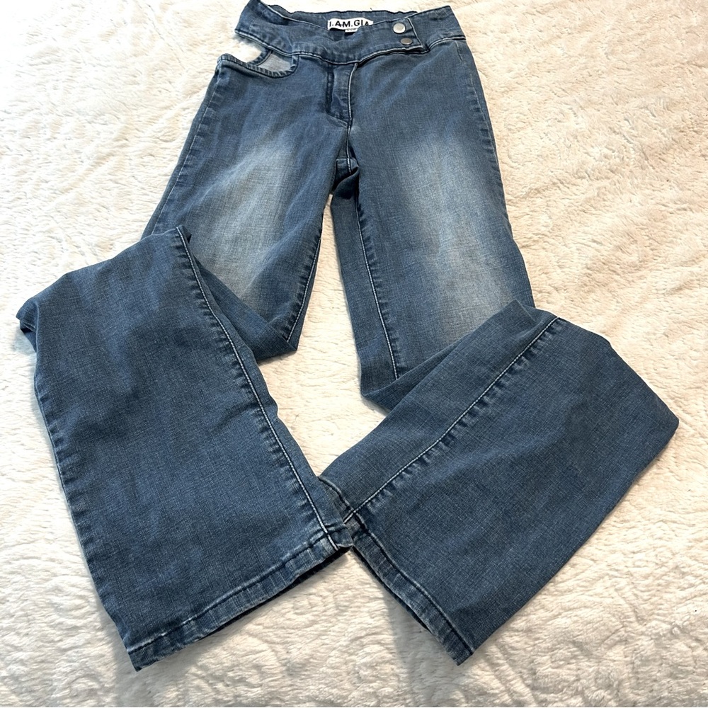 I.AM.GIA Kayla Blue Jeans Side Cut Out Straight Leg Cotton Spandex Blend Sz XXS